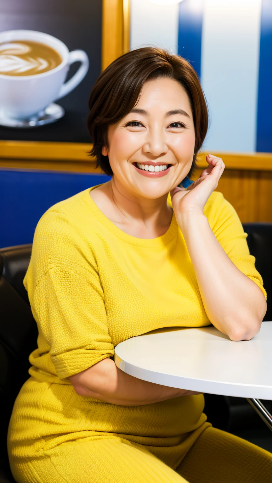 8k wallpaper, masterpiece, Highest quality, Very detailed, One Mature Woman, 50 years old, Become very clear, Wearing a short-sleeved knit, Skin dents, Captivating smile, Looking at the audience, No lapel microphone, Plump, Curvaceous, Attractive face, Smiling with teeth showing, I was happy, sitting in a cafe, Background Blur