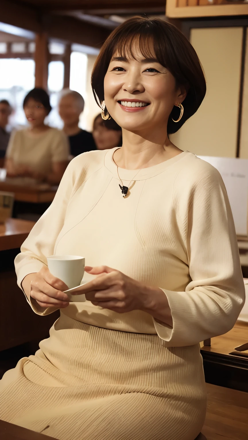 Osaka's aunt、Organic Photography、Highest quality、masterpiece、Ultra-high resolution、Beautiful Japanese old lady、60 years old、Looking at the audience、Elegant face、Smiling with teeth showing、Big Breasts、Wearing a plain short-sleeved knit、Short Hair、mini skirt、Earrings、A corner of a coffee shop, Background Blur