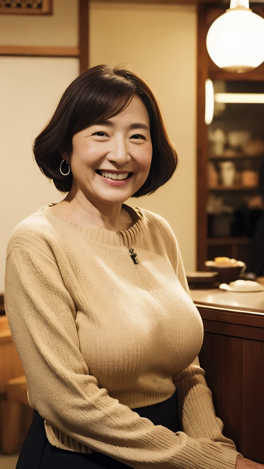 Osaka's aunt、Organic Photography、Highest quality、masterpiece、Ultra-high resolution、Beautiful Japanese old lady、60 years old、Looking at the audience、Elegant face、Smiling with teeth showing、Big Breasts、Wearing a plain short-sleeved knit、Short Hair、mini skirt、Earrings、A corner of a coffee shop, Background Blur
