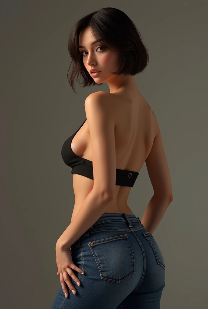 (photorealism:1.2), beautiful Mila, brunette with short jeans marking her perfect rear,large breasts but not exaggerated, natural, lascivious look, few clothes that show a lot of her body