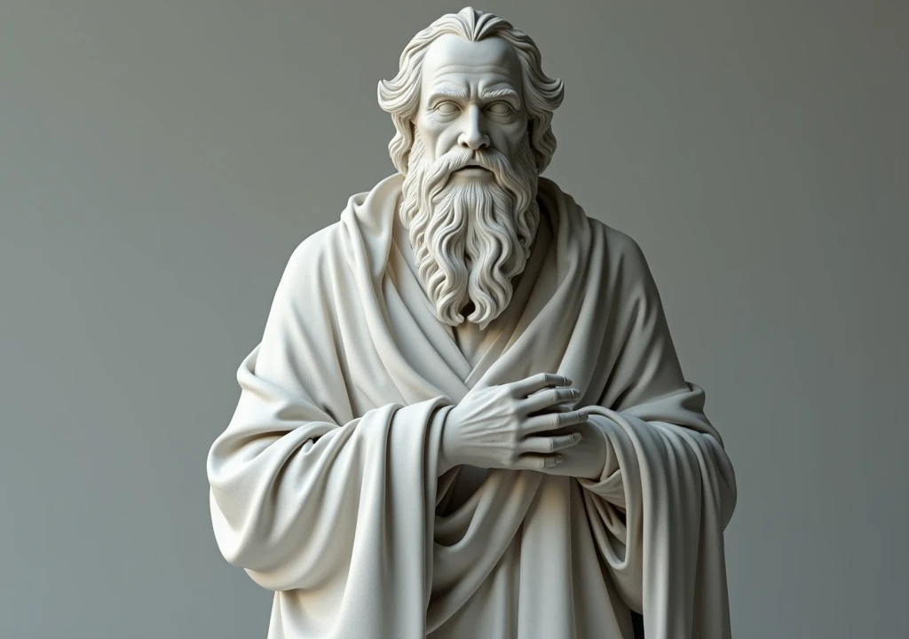 stoicism, motivation, stoic marble statue thinking,calm, setting, robe, long beard, aged, full body, hyper-realistic, 8k, incredible, beautiful, frightening,