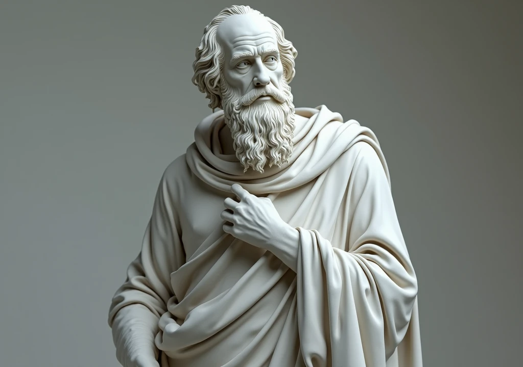 stoicism, motivation, stoic marble statue thinking,calm, setting, robe, long beard, aged, full body, hyper-realistic, 8k, incredible, beautiful, frightening,