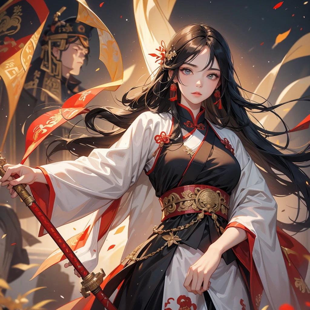 A beautiful female general holding a spear with long black hair in ancient Chinese clothing and a handsome male general holding a big sword in ancient Chinese clothing on an ancient Chinese battlefield.