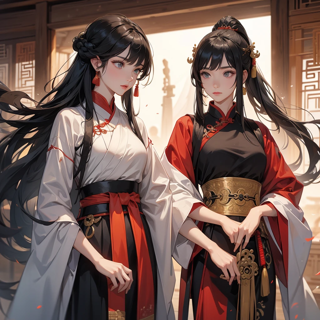 A beautiful female general holding a spear with long black hair in ancient Chinese clothing and a handsome male general holding a big sword in ancient Chinese clothing on an ancient Chinese battlefield.