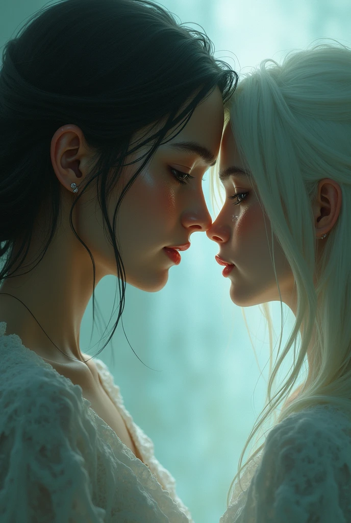 a woman crying while looking to her younger self