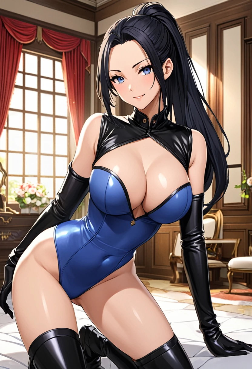 {Highest quality}{1 female, 25 years old}{Fighter}{Black Hair、Long Hair、ponytail}{forehead、Forehead}{Big Breasts}{Grey Eyes、Slanted Eyes、Squint your eyes}{Black knee-high boots with a leather-like texture}{Shoulder Bare}{strong}{Mansion rooms}Parted bangs, {High leg}{A seductive smile}{Blue leotard}{On all fours}