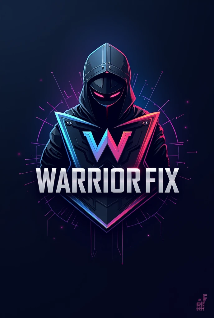Design me a logo for a bitcoin mannequin technician named warrior fix in a very masculine and serious blue and purple color palette.