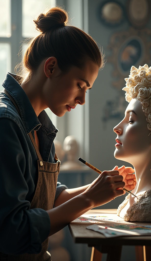 **An Artist Adding the Final Touches to a Masterpiece**: The artist intensely focused on their work, adding the final strokes to a painting or sculpture, reflecting their dedication to achieving artistic excellence.in Dall e-3 style