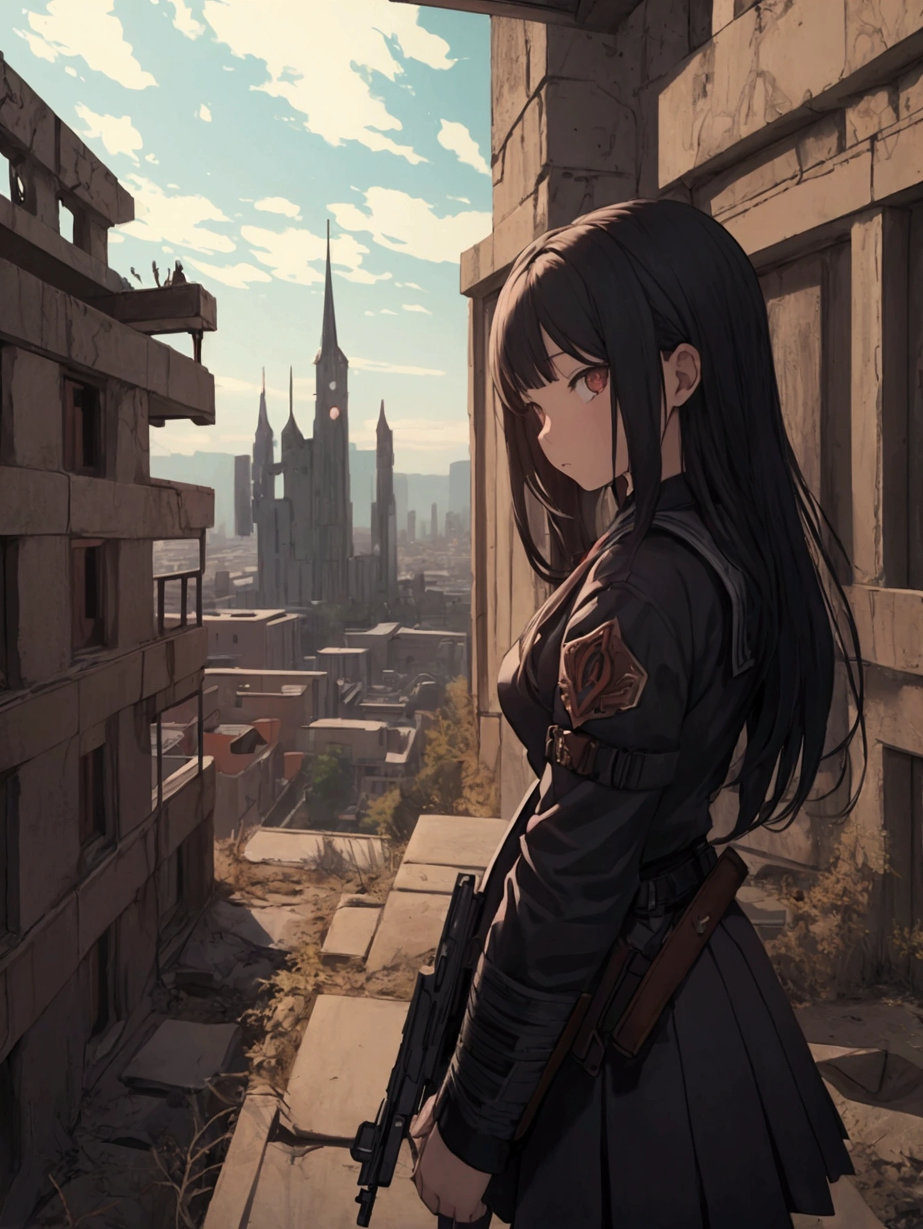 masterpiece, best quality, high school girl, ruin, dawn, fall city, gun, looking at sky, sad, Fantasy aesthetics, Highly detailed