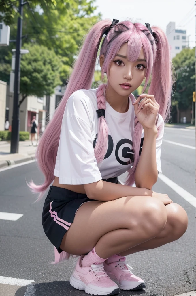 there is a woman with pink hair sitting on a skateboard, anime girl cosplay, the anime girl is crouching, junko enoshima from danganronpa, anime cosplay, cosplay, cosplay photo, , ayaka cosplay, pink twintail hair and cyan eyes, belle delphine, sh, haruno sakura, with pink hair