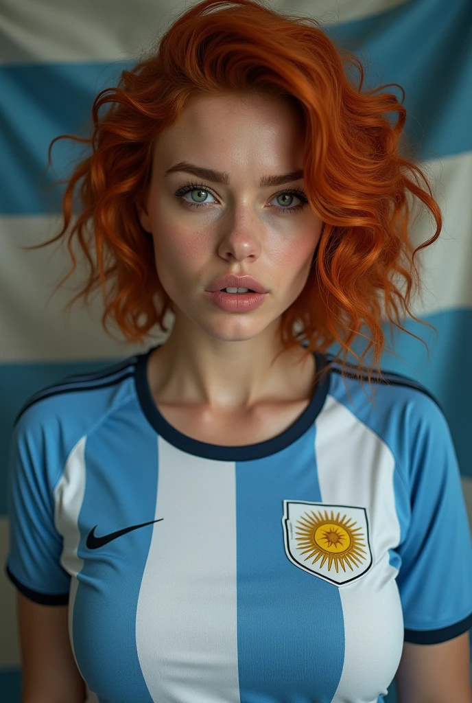 sexy girl, intense light redhair hairintense light, short curvy hair, grey eyes, delicate face, pale skin, large breast ,young, wearing a shirt of the Argentina soccer team, Argentina flag in back , Masterpiece artwork, realisitic, Rendering, low-contrast, deblurring, aperture 1.6, focusing, (subdued colors), low saturation, digital art realistic photography trend in Artstation 8k HD realistic high definition detailed, detailded, texture skin, hiper detailded, textura de pele realisitic, best qualityer, ultra high-resolution, high resolution, detailded, fot crua, Sharp, Photography 4 Kodak Portra 400 camera F1.6, Colors Hyper Realistic Texture Dramatic Lighting, Surreal beauty, charming beauty, 8k, posing in the gym,