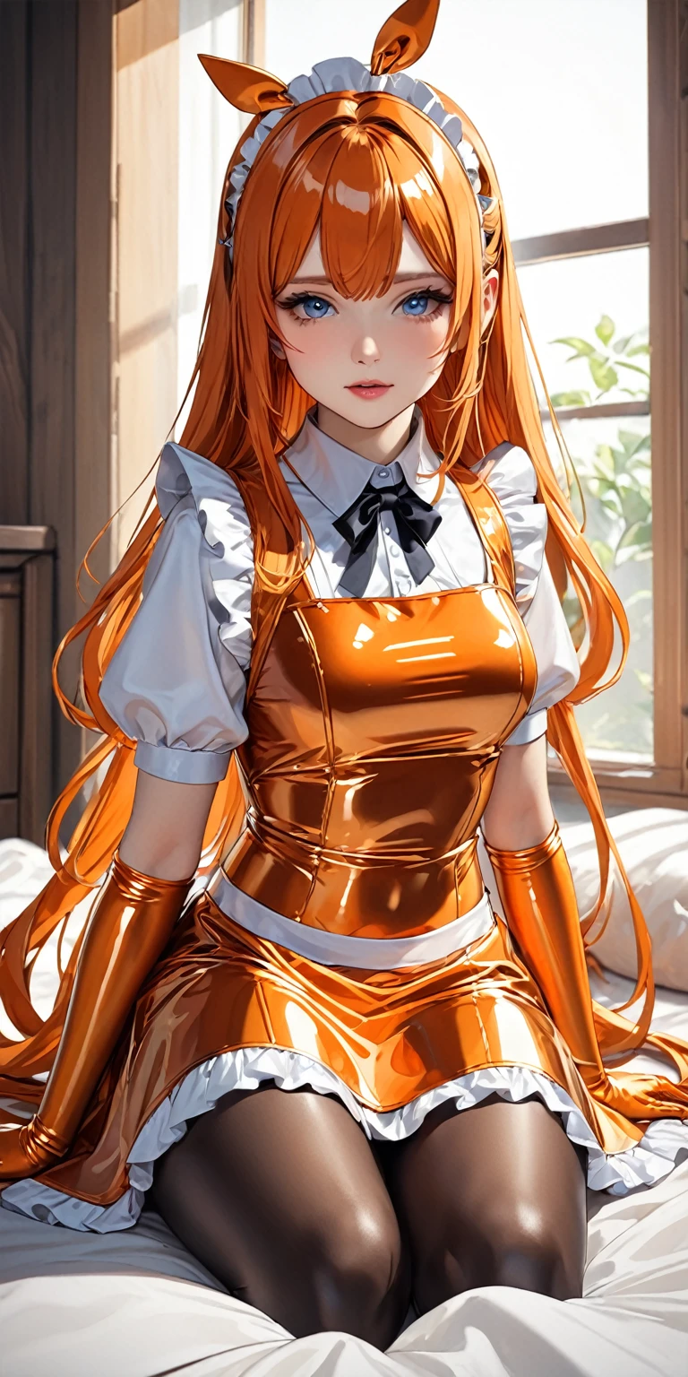 Portraiture、(masterpiece,Highest quality,Ultra-high resolution),Japanese women, Maid Headband、(((A very beautiful 25 year old))),(Metallic Orange Latex Maid Outfit)、((Metallic Orange Latex Long Skirt))、(Metallic Orange Latex Long-sleeved Shirt covering the upper body)、Metallic Orange Latex Long Gloves、Metallic orange latex tights、Metallic Orange Latex Bodysuit、Latex is very shiny、Dark Room、Sitting on the bed