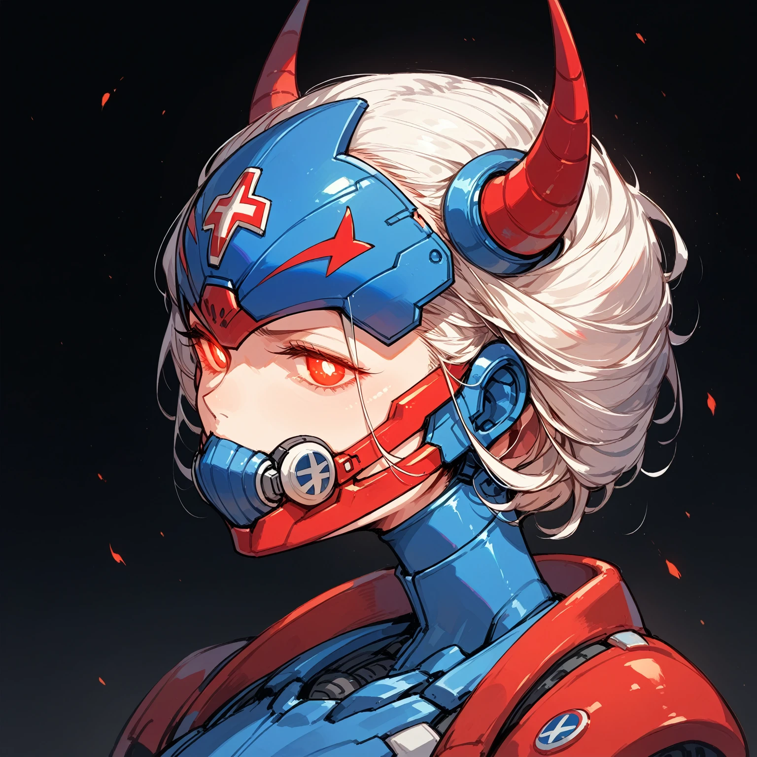 ,Female bust,Anime Style,Mechanical Hannya Mask,A woman wearing a Hannya mask,Glowing Eyes、Iron Man Mask,Mask covering the mouth,Protruding horns in the front,Horns growing from the forehead,Japanese-style design,