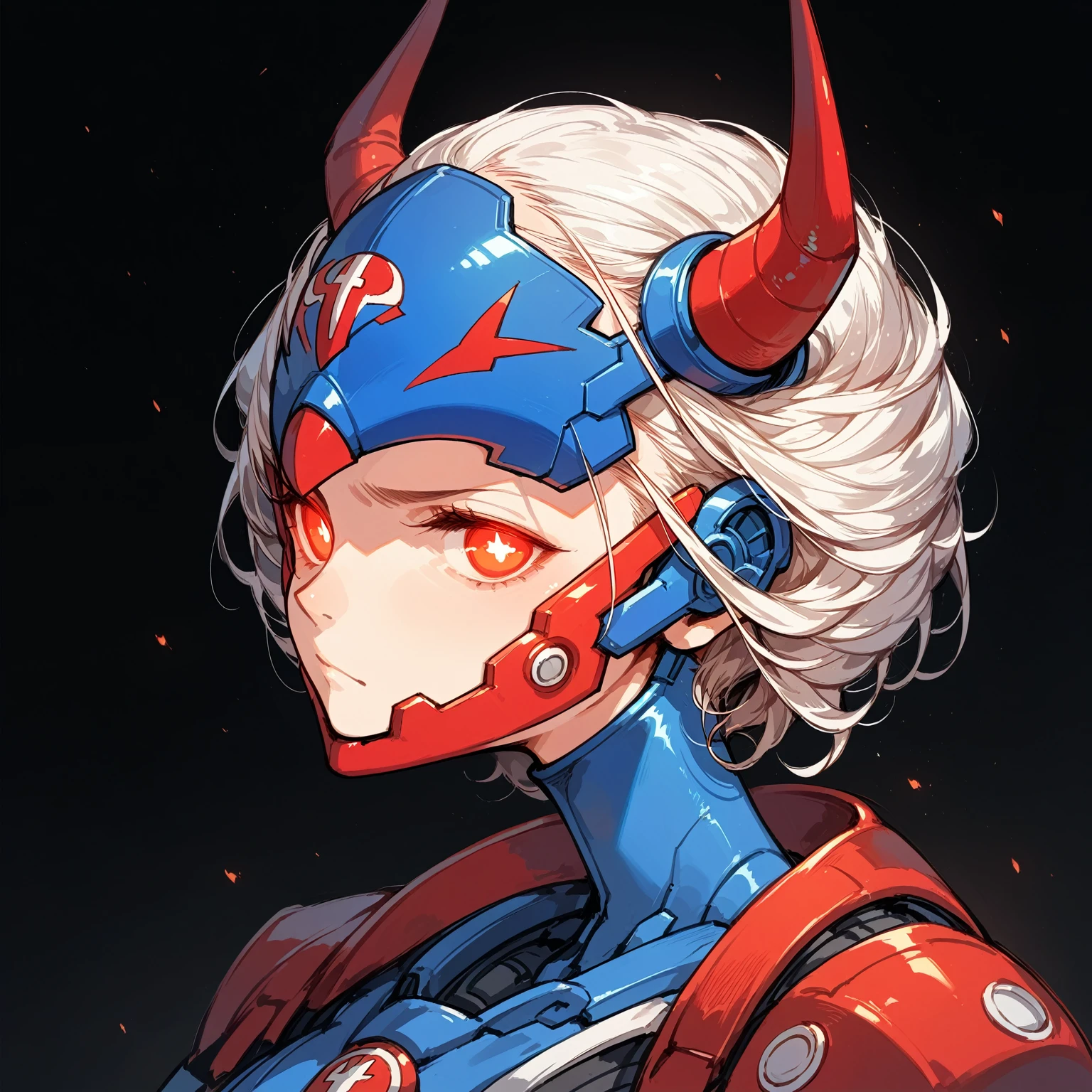 ,Female bust,Anime Style,Mechanical Hannya Mask,A woman wearing a Hannya mask,Glowing Eyes、Iron Man Mask,Mask covering the mouth,Protruding horns in the front,Horns growing from the forehead,Japanese-style design,