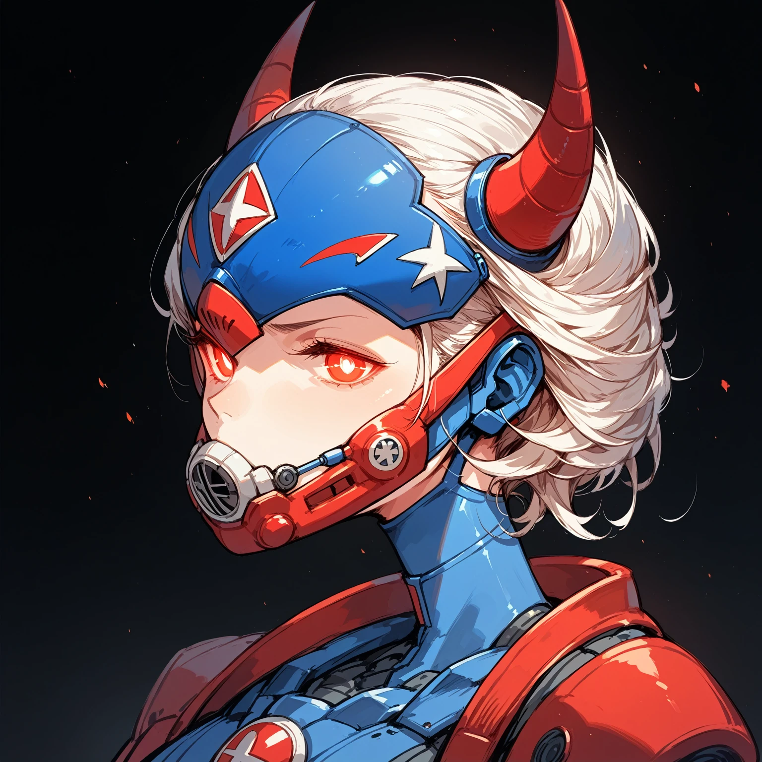 ,Female bust,Anime Style,Mechanical Hannya Mask,A woman wearing a Hannya mask,Glowing Eyes、Iron Man Mask,Mask covering the mouth,Protruding horns in the front,Horns growing from the forehead,Japanese-style design,
