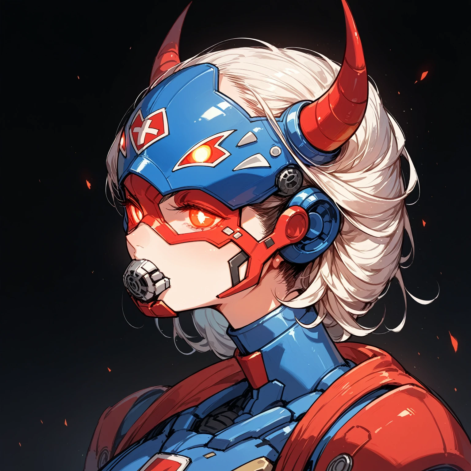 ,Female bust,Anime Style,Mechanical Hannya Mask,A woman wearing a Hannya mask,Glowing Eyes、Iron Man Mask,Mask covering the mouth,Protruding horns in the front,Horns growing from the forehead,Japanese-style design,