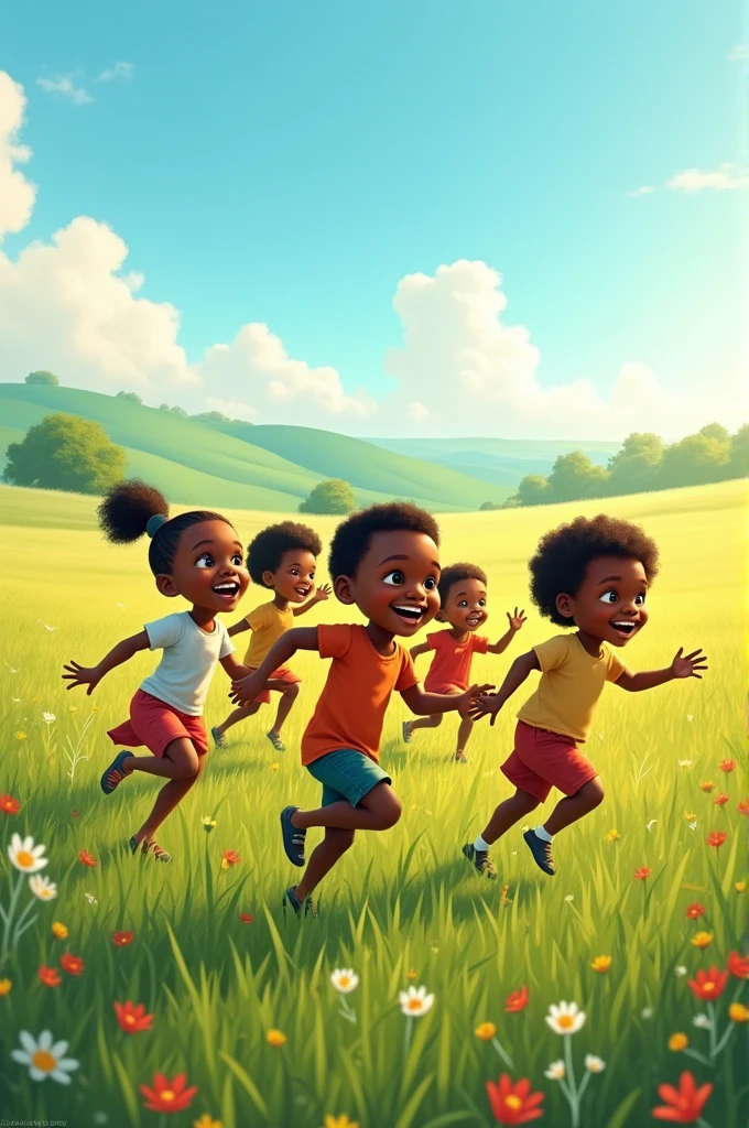 Happy African children playing
in a field
