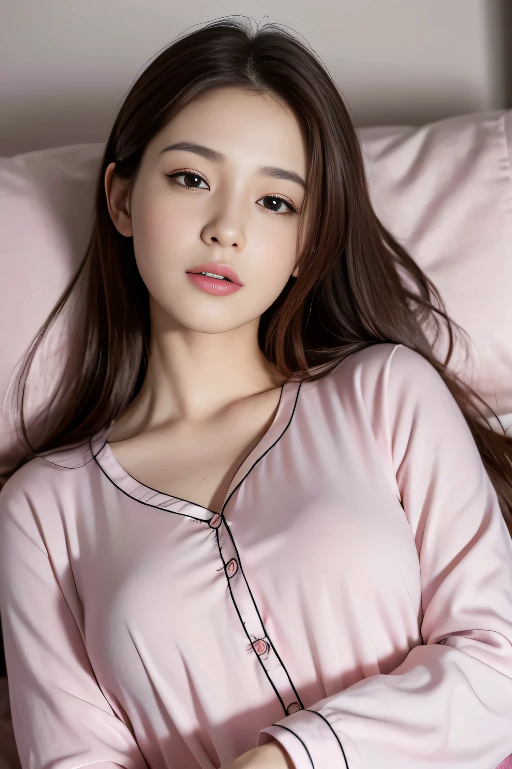Sleeping girl boy, 22 years old, realistic, she is wearing no pants, she is wearing pink pajama, black hair, pussy, tetas grandes, tetas redondas, tetas naturales, Her adjust her nightgown, Her pussy tighten her nightgown