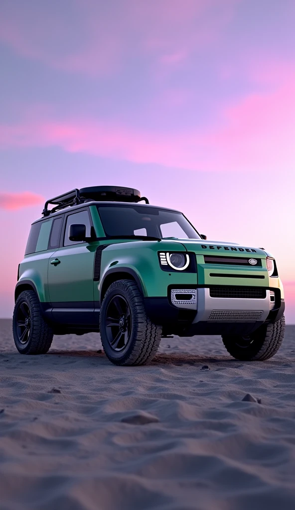 Brand new land rover greenish defender with defender roof carrier with alloy wheels. violet sky. Gray soil