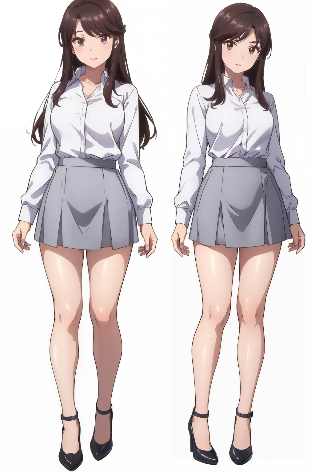 (multiple views:1.5),of behind,of_Forehead,(White background:1.3),(Whole body:1.4),arms at the sides,
The text is in Chinese and it translates to "Chinese" in English.,1 girl,Alone,Lips,by the wide,Brown hair,Brown eyes,hits,mature woman,neckline,long sleeves,camisa of cuello,White shirt,falda of tubo,elegant skirt,grey skirt,Secretary,, exquisite visuals, alta offinición,masterpiece,Best Quality,, exquisite visuals,alta offinición,masterpiece,Best Quality,18 years,young woman,hermosos ofdos,Beautiful long legs,beautiful body,Hermoso diseño of personajes,white panties,