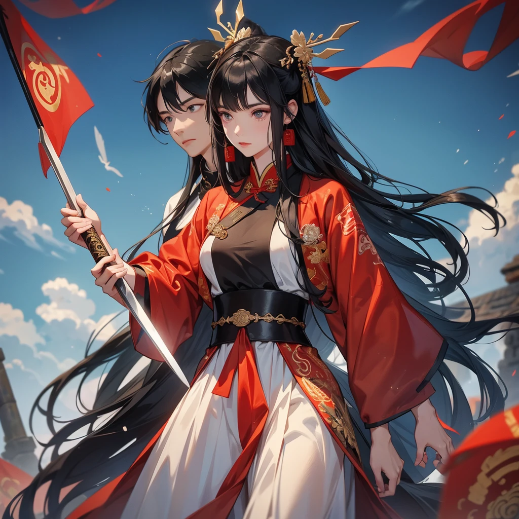 A beautiful female general holding a spear with long black hair in ancient Chinese clothing and a handsome male general holding a big sword in ancient Chinese clothing on an ancient Chinese battlefield.