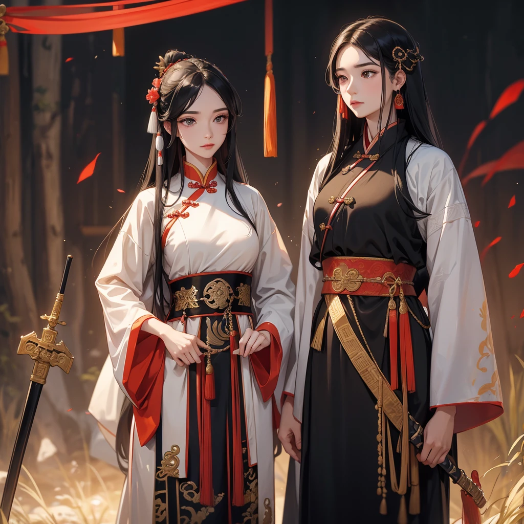 A beautiful female general holding a spear with long black hair in ancient Chinese clothing and a handsome male general holding a big sword in ancient Chinese clothing on an ancient Chinese battlefield.