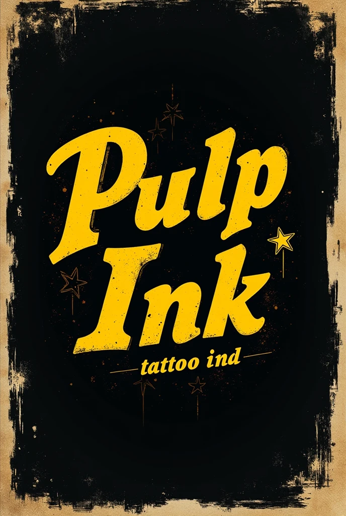 A logo for a tattoo studio referencing Pulp Fiction with the name Pulp Ink. With yellow font and an old school style with a png background.