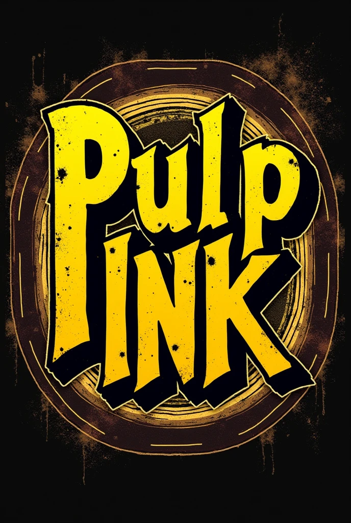 A logo for a tattoo studio referencing Pulp Fiction with the name Pulp Ink.  With yellow font and an old school style with a png background.