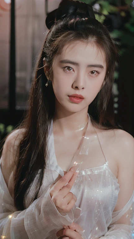 Nie Xiaoqian,Huan Su Xian, BG_picture,Wear ancient Chinese clothes (Translucent, Sparkling pink and white set:1.4), hair bun,alone,1 woman,long hair,angel,realistic,Chinese clothes,Hanfu,hair bun,lips,parted lips,look at the audience.,upper body(The backdrop is ancient China amidst a demon forest.:1.2),(Standing in the crimson glow of a full moon.:1.3),, เห็นตัวเธอด้านหน้าทั้งตัวbest quality , Masterpiece, illustration, Very delicate and beautiful, มีรายvery detailed ,CG,unity,8K wallpaper, Marvelous, exquisite details, Masterpiece, best quality,official art,มีรายvery detailed CG unity 8K wallpaper,nonsense, incredibly nonsense, Big file size , very detailed, height, มีรายvery detailed,Beautiful girl with details, มีรายvery detailed eyes and face, Beautifully detailed eyes,light on face,