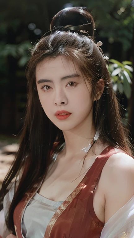 Nie Xiaoqian,Huan Su Xian, BG_picture,Wear ancient Chinese clothes (Translucent, Sparkling pink and white set:1.4), hair bun,alone,1 woman,long hair,angel,realistic,Chinese clothes,Hanfu,hair bun,lips,parted lips,look at the audience.,upper body(The backdrop is ancient China amidst a demon forest.:1.2),(Standing in the crimson glow of a full moon.:1.3),, เห็นตัวเธอด้านหน้าทั้งตัวbest quality , Masterpiece, illustration, Very delicate and beautiful, มีรายvery detailed ,CG,unity,8K wallpaper, Marvelous, exquisite details, Masterpiece, best quality,official art,มีรายvery detailed CG unity 8K wallpaper,nonsense, incredibly nonsense, Big file size , very detailed, height, มีรายvery detailed,Beautiful girl with details, มีรายvery detailed eyes and face, Beautifully detailed eyes,light on face,