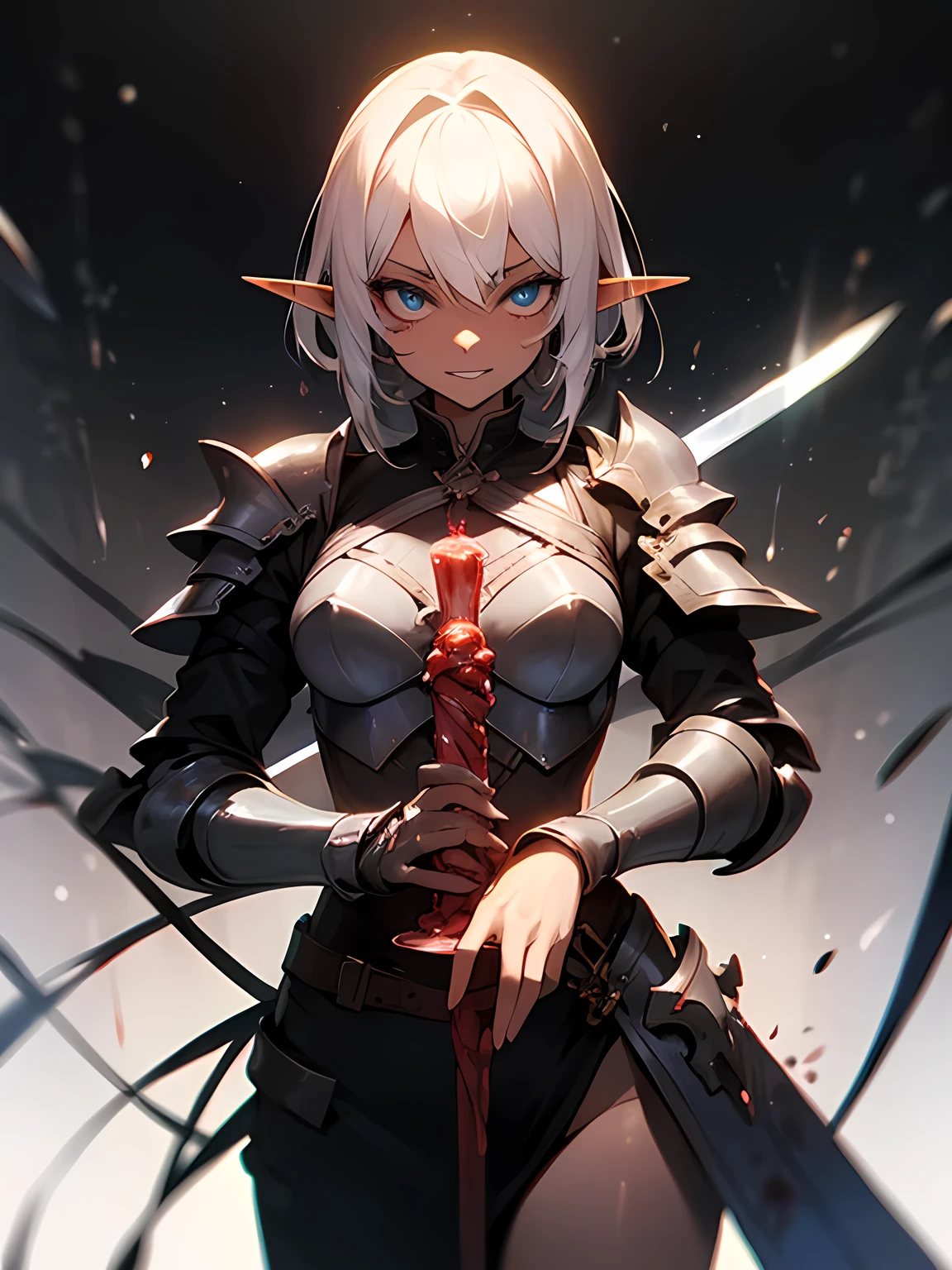 learning foward:1.3,looking at viewer,A greatsword entwined with the cursed viscera of a demon、(Creepy and mysterious great sword), A sword that clings like human organs,Sharp Metal,(big eyes), BREAK, beautiful female elf, dark skin ++, charming, sensual grin smile,Face Blood、I am the star、Violence、Expression of pleasure、Eroticism、Torn armor、Suggestive skin