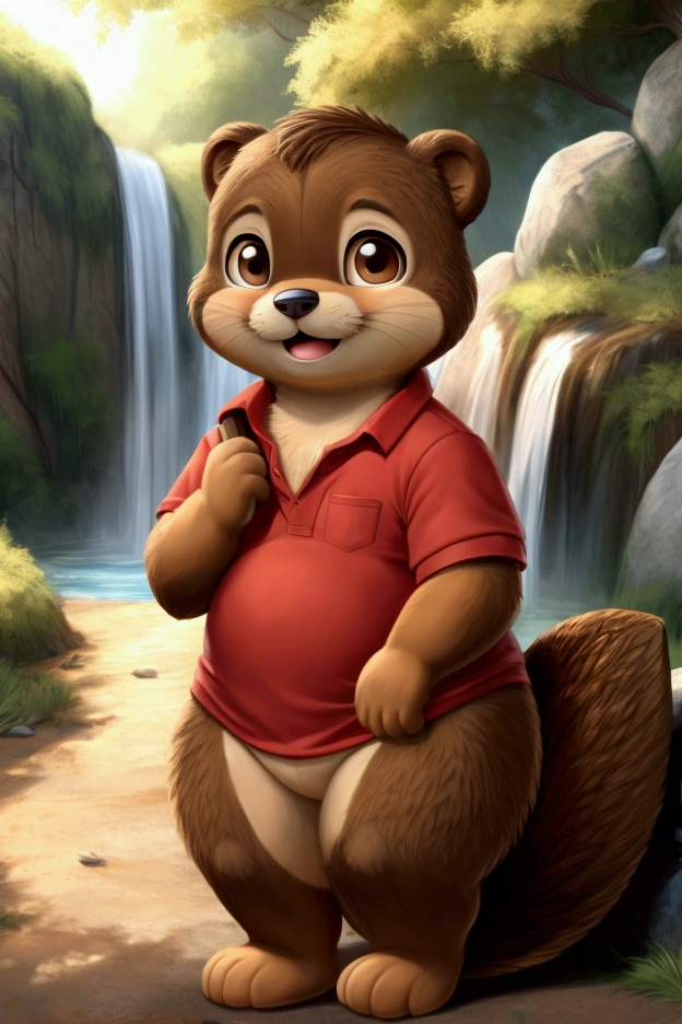 Small slim male beaver with nice big thighs and brown fur with cream and brown eyes and is wearing a full body red shirt and is 8 .