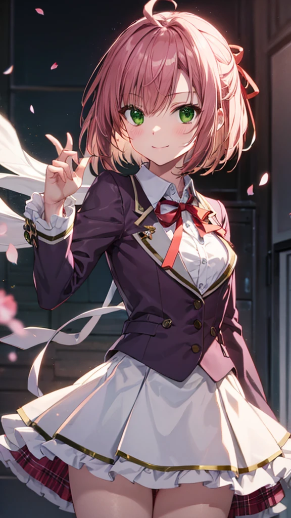 cherry blossom cream, short hair, ribbon, (Green Eyes:1.3), hair ribbon, Pink Hair, Ahoge,
skirt, Plaid, Plaid skirt, shirt, white shirt, collared shirt, Jacket, Long sleeve, (Upper Body:1.1),Dynamic Angle,White panties,Panty shot, Captivating smile,masterpiece,Noise Reduction,Perfect Anatomy,High resolution, Very detailed,Game CG,Dutch Angle ,Beautiful attention to detail,Visual Arts,Five Fingers, Perfect hands, Perfect lighting,