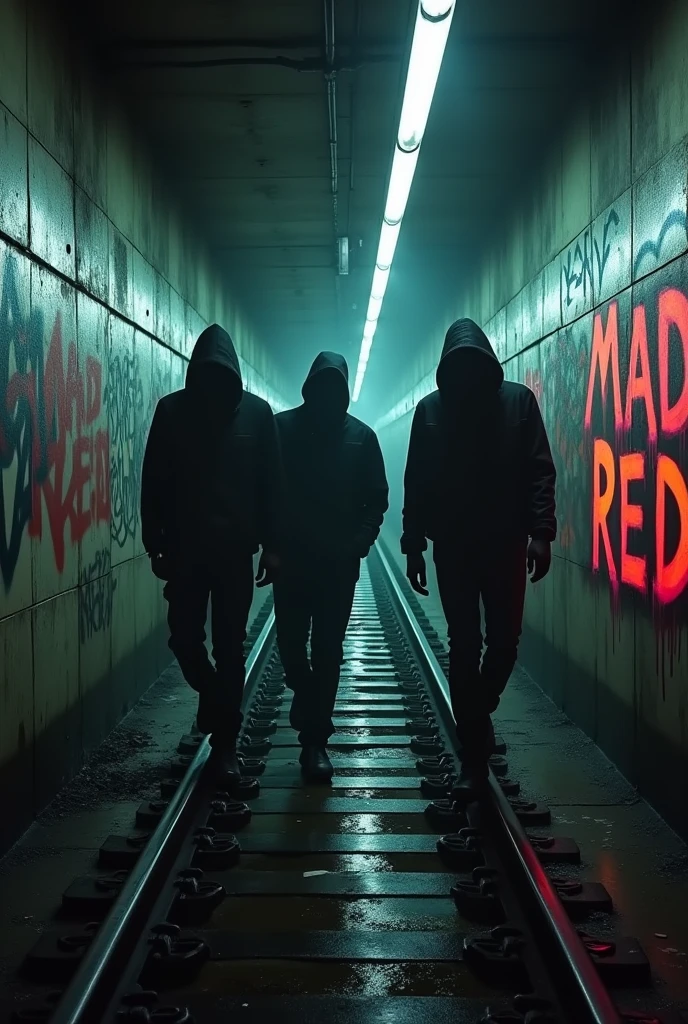Dark subway tracks, 90s with graffiti, 3 men walking whose faces are not visible, that says MAD RED somewhere in the image