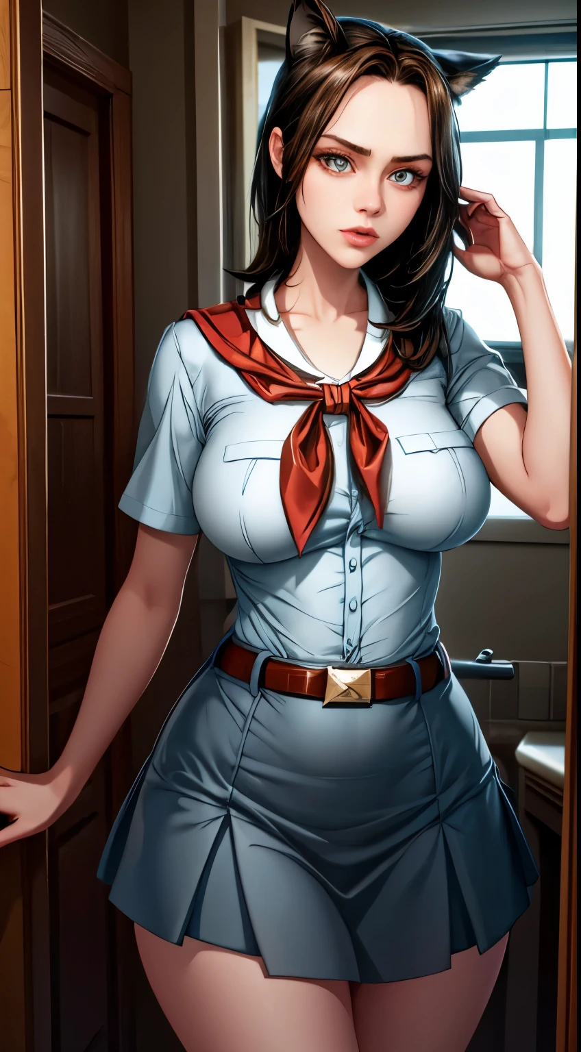 young slim girl, pioneer neckerchief, very short blue skirt, bangs, collarbone, tight white shirt, bursting breast, short sleeves, collared shirt, belt, red neckerchief, full body shot, rounded face, very long straight hair, big brown eyes, evil smile, perfect flat breast, band on head with fake cat ears, chri5tinaricci99, seductive pose, looking at viewer, 8k vector photography, young teen, beautiful eyes, realistic lighting, detailed outfit, realistic facial features, hyper detail, masterpiece, taffytales