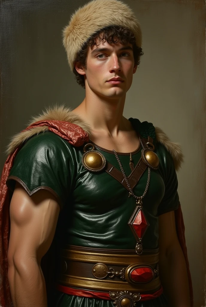 {{Masterpiece, best quality, oil painting, by Théodore Géricault, male focus, muted colors}}, the composition is: (((a dramatic half body portrait of a 18 year old ancient Roman gladiator, sexy, muscular, magnificent, wearing a beige Russian fur hat, he is wearing a red diamond shape pendant))). ((((He is wearing a dark green lorica armor made of velvet, alligator leather, with ronin inspired elements, Slavic inspired elements, wearing a satin sash))).
