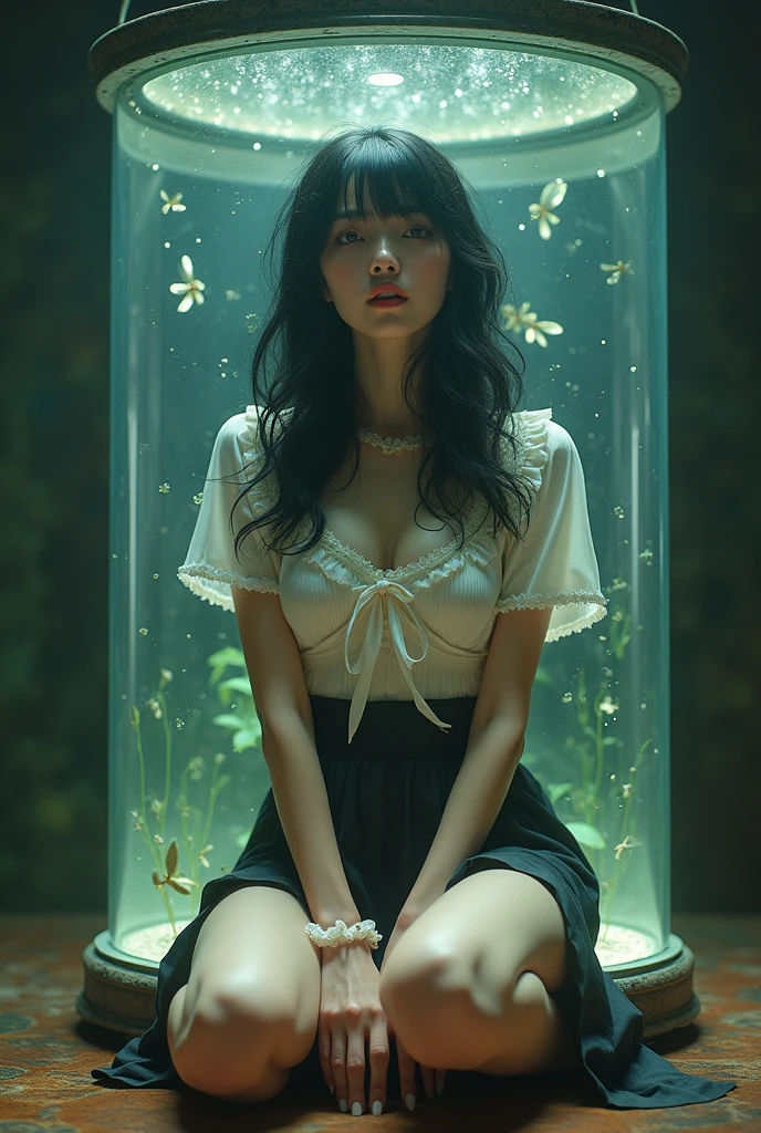 {{{{{3,318 trillion pixels high resolution, nsfw, Realistic scenery and lovely girl, In this scene the heroine is chosen as a human pillar and sealed in a kneeling posture with her legs spread in an M-shape where she is raped endlessly while staring blankly into the void, A full whipped deep cleavage rapidly emerged, the charm she exudes spurs forces her to lift her legs and open her legs and continues to fuck, thicken the lips look pretty, Boobs are fluffy and bouncy, Tits that get rounder bigger her deep tight cleavage}}}}},{{{{{A neat girl who stands on her knees and opens her crotch traces her crotch with her fingertips and with a faint moan experiences her first climax and becomes a little more mature and innocent masturbator, Higher concentrations of female hormones in the tank will make her moan all the more as much as she wants, white cheeks, The moment when the eyes of the heroine's girl are replaced with kaleidoscopic irises, magical in a romantic Cylindrical crystal herbarium showcase filled with female hormone, Herbarium-soaked her tits become so plump that they break the blouse of an even smaller-sized girl and her hair grows longer and sexier while she still looks like a girl, Cuteness preserved forever shining in exchange for life from her, wearing cute ribbon blouse and skirt, frills scrunchie on her wrist, her beautiful slender underbust, slender curvy cute waistline, an lewd fetish for lips and necks and waistlines, her clearer nip line from underbust to hips, gloomy straight black wig, thick vivid lips}}}}},{{Extremely detailed}},{{{{{heroine girl's Sexually unused body with pure and innocent aura}}}}}