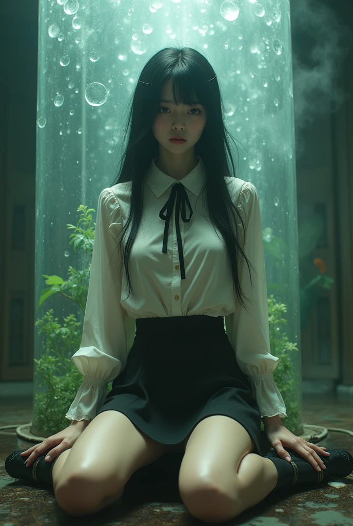 {{{{{3,318 trillion pixels high resolution, nsfw, Realistic scenery and lovely girl, In this scene the heroine is chosen as a human pillar and sealed in a kneeling posture with her legs spread in an M-shape where she is raped endlessly while staring blankly into the void, A full whipped deep cleavage rapidly emerged, the charm she exudes spurs forces her to lift her legs and open her legs and continues to fuck, thicken the lips look pretty, Boobs are fluffy and bouncy, Tits that get rounder bigger her deep tight cleavage}}}}},{{{{{A neat girl who stands on her knees and opens her crotch traces her crotch with her fingertips and with a faint moan experiences her first climax and becomes a little more mature and innocent masturbator, Higher concentrations of female hormones in the tank will make her moan all the more as much as she wants, white cheeks, The moment when the eyes of the heroine's girl are replaced with kaleidoscopic irises, magical in a romantic Cylindrical crystal herbarium showcase filled with female hormone, Herbarium-soaked her tits become so plump that they break the blouse of an even smaller-sized girl and her hair grows longer and sexier while she still looks like a girl, Cuteness preserved forever shining in exchange for life from her, wearing cute ribbon blouse and skirt, frills scrunchie on her wrist, her beautiful slender underbust, slender curvy cute waistline, an lewd fetish for lips and necks and waistlines, her clearer nip line from underbust to hips, gloomy straight black wig, thick vivid lips}}}}},{{Extremely detailed}},{{{{{heroine girl's Sexually unused body with pure and innocent aura}}}}}