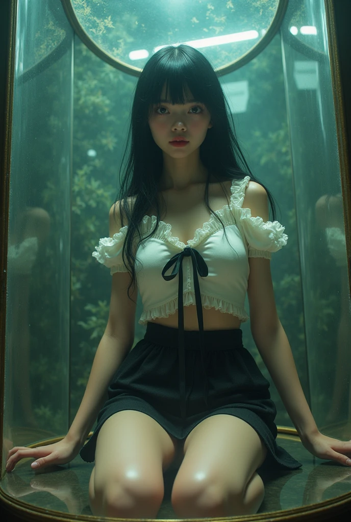 {{{{{3,318 trillion pixels high resolution, nsfw, Realistic scenery and lovely girl, In this scene the heroine is chosen as a human pillar and sealed in a kneeling posture with her legs spread in an M-shape where she is raped endlessly while staring blankly into the void, A full whipped deep cleavage rapidly emerged, the charm she exudes spurs forces her to lift her legs and open her legs and continues to fuck, thicken the lips look pretty, Boobs are fluffy and bouncy, Tits that get rounder bigger her deep tight cleavage}}}}},{{{{{A neat girl who stands on her knees and opens her crotch traces her crotch with her fingertips and with a faint moan experiences her first climax and becomes a little more mature and innocent masturbator, Higher concentrations of female hormones in the tank will make her moan all the more as much as she wants, white cheeks, The moment when the eyes of the heroine's girl are replaced with kaleidoscopic irises, magical in a romantic Cylindrical crystal herbarium showcase filled with female hormone, Herbarium-soaked her tits become so plump that they break the blouse of an even smaller-sized girl and her hair grows longer and sexier while she still looks like a girl, Cuteness preserved forever shining in exchange for life from her, wearing cute ribbon blouse and skirt, frills scrunchie on her wrist, her beautiful slender underbust, slender curvy cute waistline, an lewd fetish for lips and necks and waistlines, her clearer nip line from underbust to hips, gloomy straight black wig, thick vivid lips}}}}},{{Extremely detailed}},{{{{{heroine girl's Sexually unused body with pure and innocent aura}}}}}