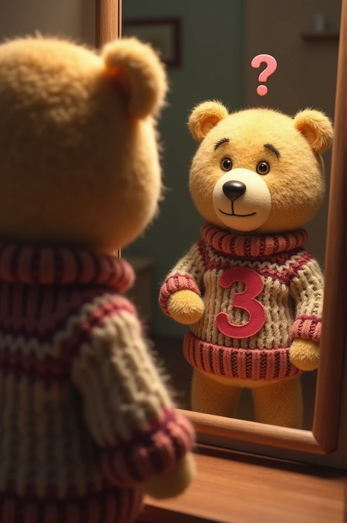 TED the bear in front of his mirror wearing a sweater with the number 3 on it. There's a question mark above his head