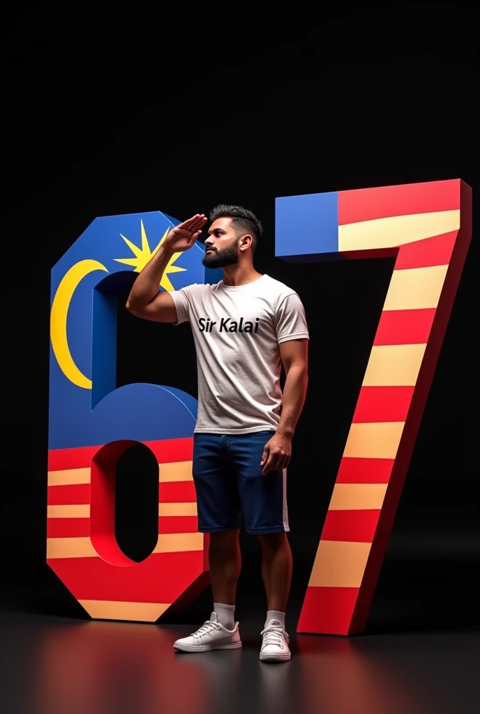 A real 30 years old man wearing a tiranga colour dress with Text “Sir Kalai” written on tshirt,he standing near a 3d big Number “67” is decorated by Malaysia flag with dark background 32k ultra quality image, and he salute