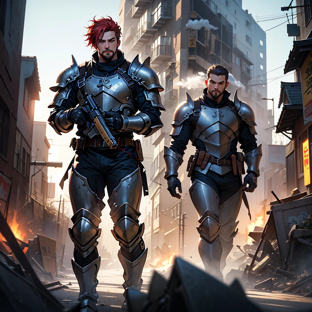 a short male with slicked-back red hair, goatee, beautiful detailed right blue eye, prosthetic left eye with black glass lens and red glowing dot, missing eye replaced, wearing Kaiju 8 black armor with gray and gold accents, modern armor, anime armor, holding large gattling gun, gattling gun in both hands, firing gattling gun, smoking cigar, cigar in mouth, slim facial features, pointy chin, anime style, standing on debris, Kaiju destroying town, Kaiju gold with blue accents, dramatic lighting, dramatic background, destroyed city, burning city, smoke,(best quality,8k,highres,masterpiece:1.2),ultra-detailed,(realistic,photorealistic,photo-realistic:1.37),HDR,UHD,studio lighting,ultra-fine painting,sharp focus,physically-based rendering,extreme detail description,professional,vivid colors,bokeh,concept art