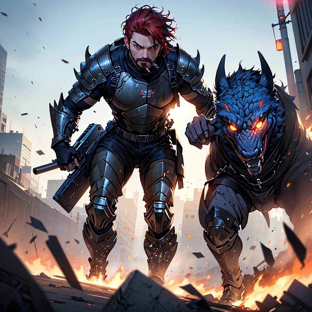 a short male with slicked-back red hair, goatee, beautiful detailed right blue eye, prosthetic left eye with black glass lens and red glowing dot, missing eye replaced, wearing Kaiju 8 black armor with gray and gold accents, modern armor, anime armor, holding large gattling gun, gattling gun in both hands, firing gattling gun, smoking cigar, cigar in mouth, slim facial features, pointy chin, anime style, standing on debris, Kaiju destroying town, Kaiju gold with blue accents, dramatic lighting, dramatic background, destroyed city, burning city, smoke,(best quality,8k,highres,masterpiece:1.2),ultra-detailed,(realistic,photorealistic,photo-realistic:1.37),HDR,UHD,studio lighting,ultra-fine painting,sharp focus,physically-based rendering,extreme detail description,professional,vivid colors,bokeh,concept art