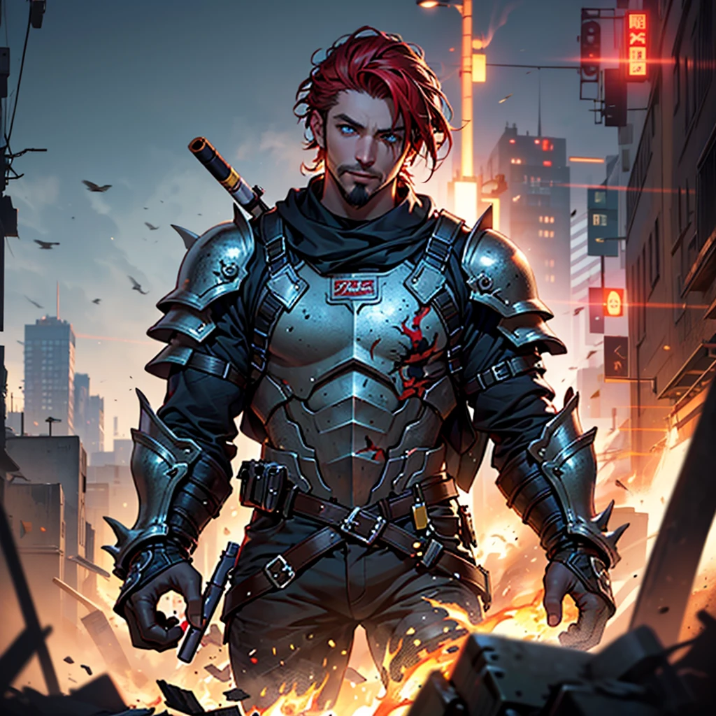 a short male with slicked-back red hair, goatee, beautiful detailed right blue eye, prosthetic left eye with black glass lens and red glowing dot, missing eye replaced, wearing Kaiju 8 black armor with gray and gold accents, modern armor, anime armor, holding large gattling gun, gattling gun in both hands, firing gattling gun, smoking cigar, cigar in mouth, slim facial features, pointy chin, anime style, standing on debris, Kaiju destroying town, Kaiju gold with blue accents, dramatic lighting, dramatic background, destroyed city, burning city, smoke,(best quality,8k,highres,masterpiece:1.2),ultra-detailed,(realistic,photorealistic,photo-realistic:1.37),HDR,UHD,studio lighting,ultra-fine painting,sharp focus,physically-based rendering,extreme detail description,professional,vivid colors,bokeh,concept art