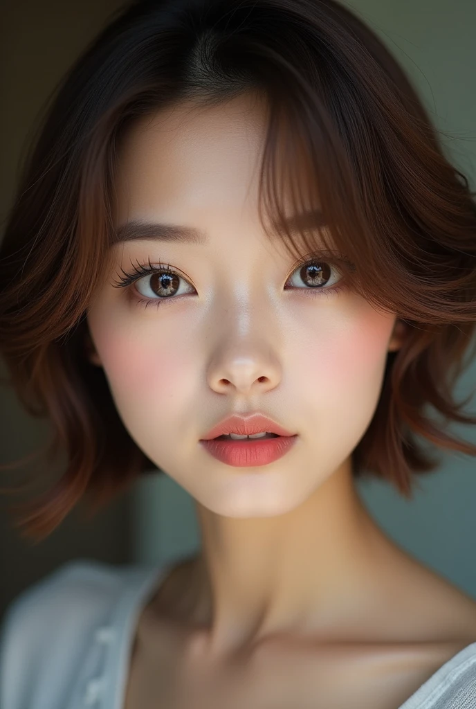 Round eyes、Brown eyes、Long eyelashes、Realistic Photo, 30 year old Japanese woman,Brown Hair、short hair、Thin lips、Heavy makeup