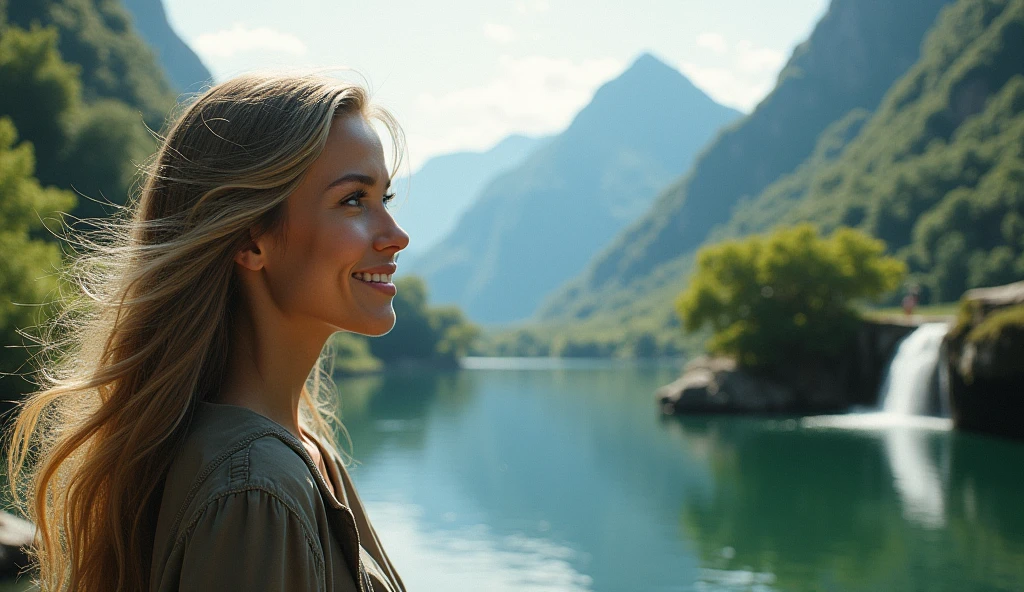 A Back Dutch 45 angle back shot view. a beautiful girl with long blonde hair, detailed eyes, nose, and lips,, happy, content, admiring a zen landscape, mountains, lake, waterfall, luxuriant nature, detailed face, (best quality, 4k, 8k, high resolution, masterpiece:1.2), ultra-detailed, (realistic, photorealistic, photo-realistic:1.37), landscape painting, digital art, vivid colors, dramatic lighting, cinematic, intricate details