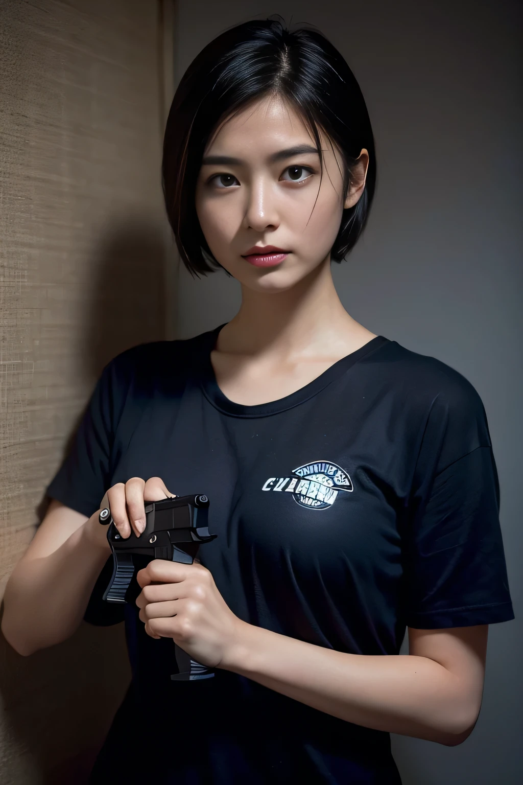 Photos, (Photorealistic: 1.4), (Hyperrealistic: 1.4), (Cinematic: 1.5), Woman in her 20s, Japan, Woman with a Gun, (Desert Eagle), Nikita, Night, Blue Light, Tension, Short Hair, Holding a Gun in Two Hands, Basement, Black T-Shirt, Electrical Cord on Wall, Water Pipe