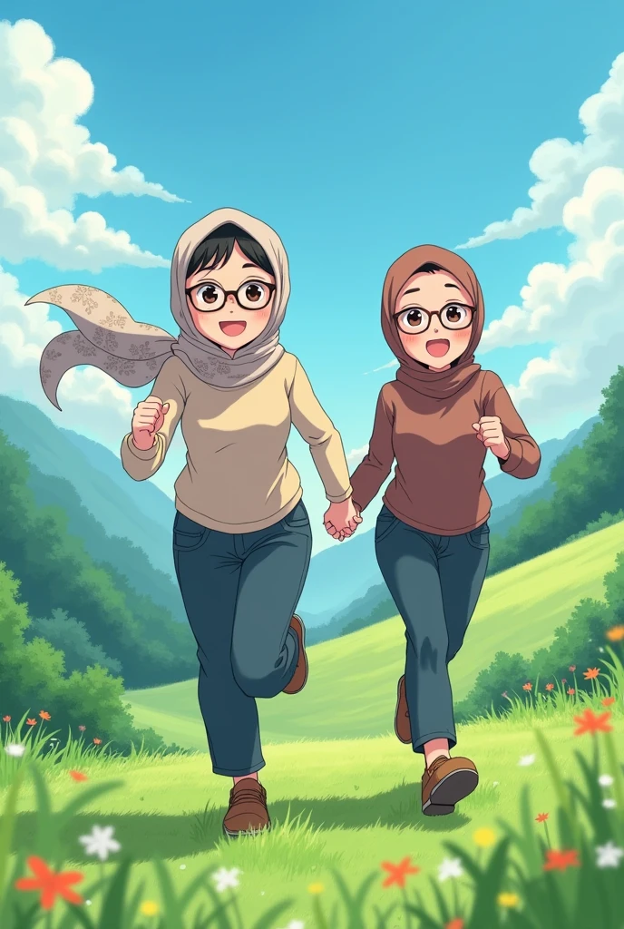 POV of two anime-style wives, one wearing a hijab and glasses, and the other with short hair and glasses, pulling me up a hill. They are looking at me while holding my hands, inviting me to run up the hill with sweet and cute smiles.