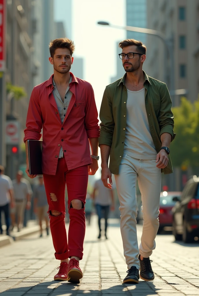 A 21-year-old man wearing a long red ripped shirt, red pants, and red shoes, holding a laptop, is walking in front of a 30-year-old man wearing glasses, a long-sleeved white shirt, and a short-sleeved green shirt, wearing long white pants and black leather shoes, following behind.