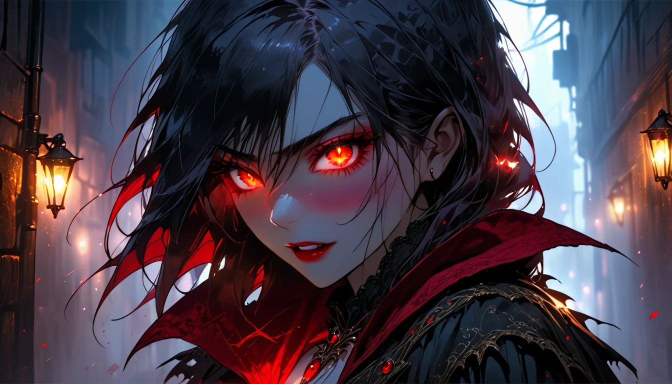 ((a female vampire's pair of glowing eyes shines)) close up picture, (((the fog hides the face))), you see only the glowing eyes , you see only the pair of eyes, fantasy dark alley background, the fog fills the alley, you see only the glowing eyes 